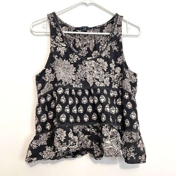 AMERICAN EAGLE Dark Gray Off White Floral Mixed Print Tiered Boho Tank Blouse M - Picture 1 of 11
